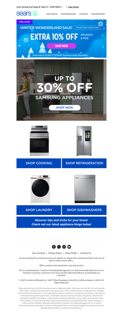 Last chance for winter deals! ❄️ Extra 10% off appliances and more, plus save up to 30% Samsung products