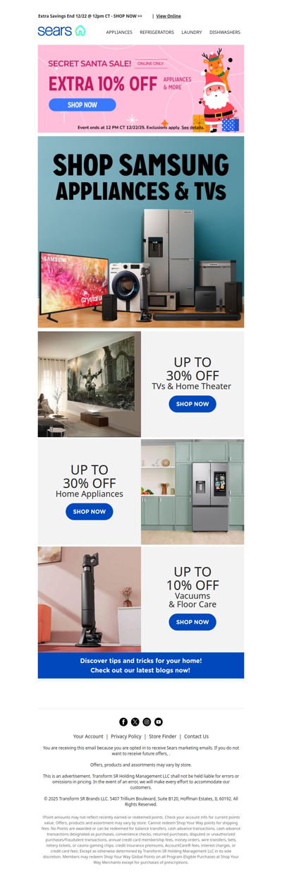 Shhh! Secret Santa Sale continues! 🎅 Extra 10% off on appliances & more, plus up to 30% off Samsung