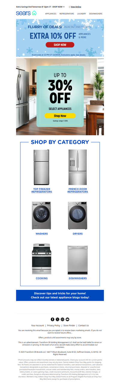 Catch the Flurry of Deals before it’s gone and save an extra 10% off appliances & more