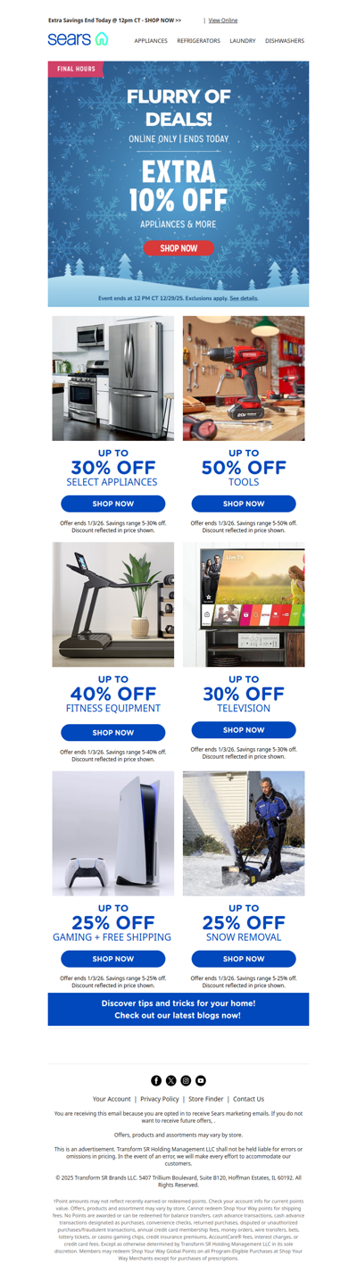 Last chance! 🎉 Extra 10% off appliances & more! ⏰ Ends today at noon! Don't wait!
