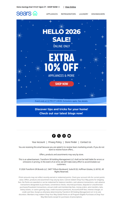 Kick off 2026 with a bang! Enjoy extra 10% off appliances & more