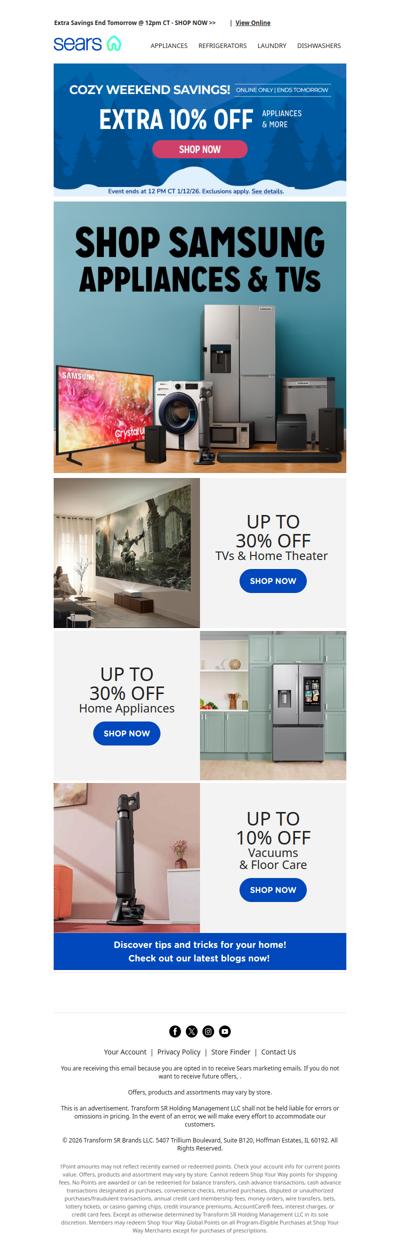 Act fast, extra 10% off appliances & more ends soon, plus up to 30% off Samsung! Don't wait!