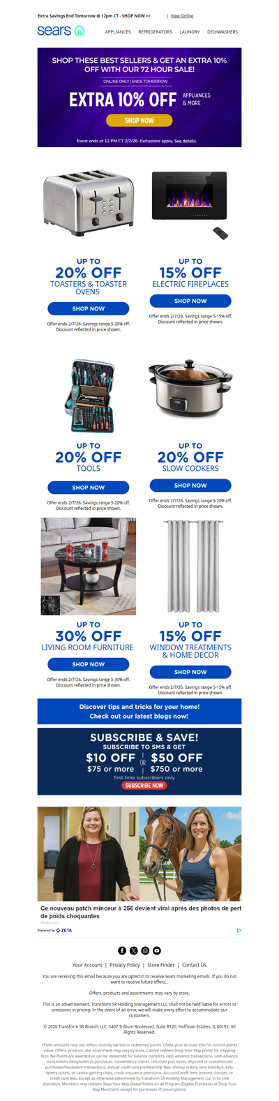 Our extra 10% savings on appliances & more ends tomorrow at 12pm CT, plus save up to 40% on furniture!