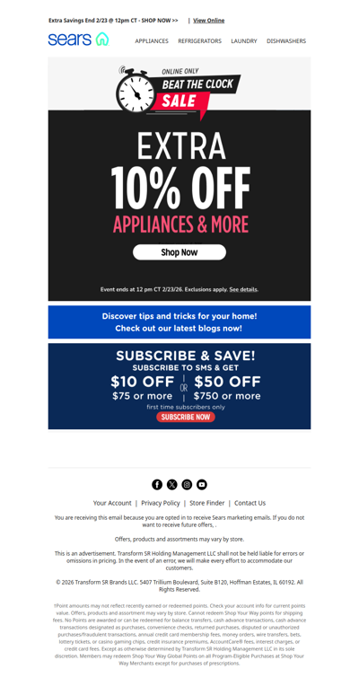 ⏰ Beat the Clock Sale! 🛒 Shop now for an extra 10% off appliances & more!