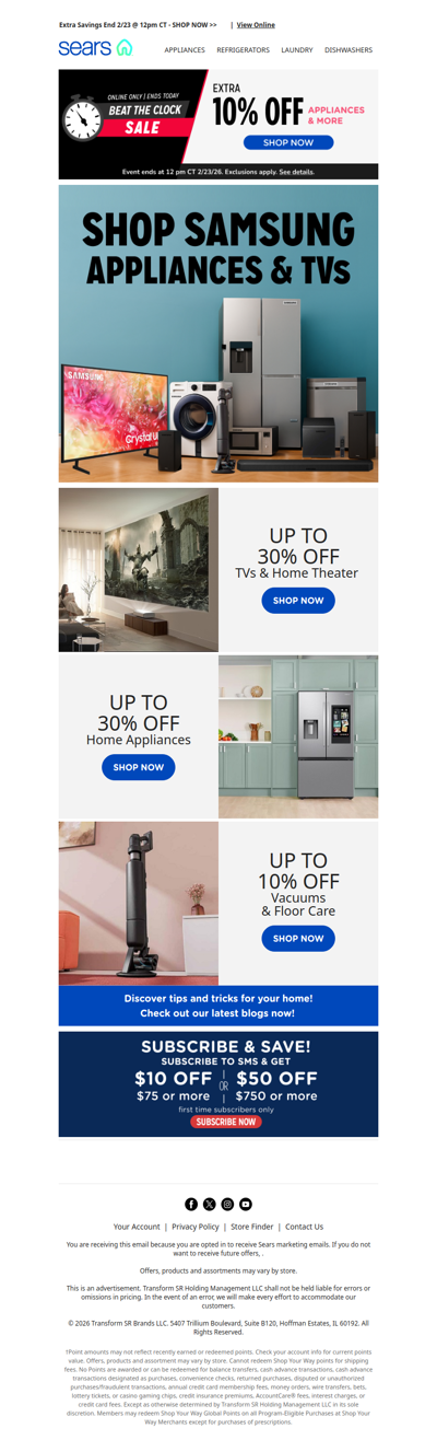 ⏰ Tick-tock! Time's running out! 🏃Snag an extra 10% off appliances & more, plus up to 30% off Samsung electronics 🛒💨