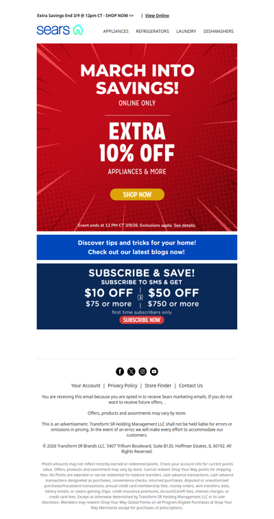 March Into Savings! 🍀 Get ready to score an extra 10% off on appliances & more! Ends 3/9 at noon CT! 🛒💨