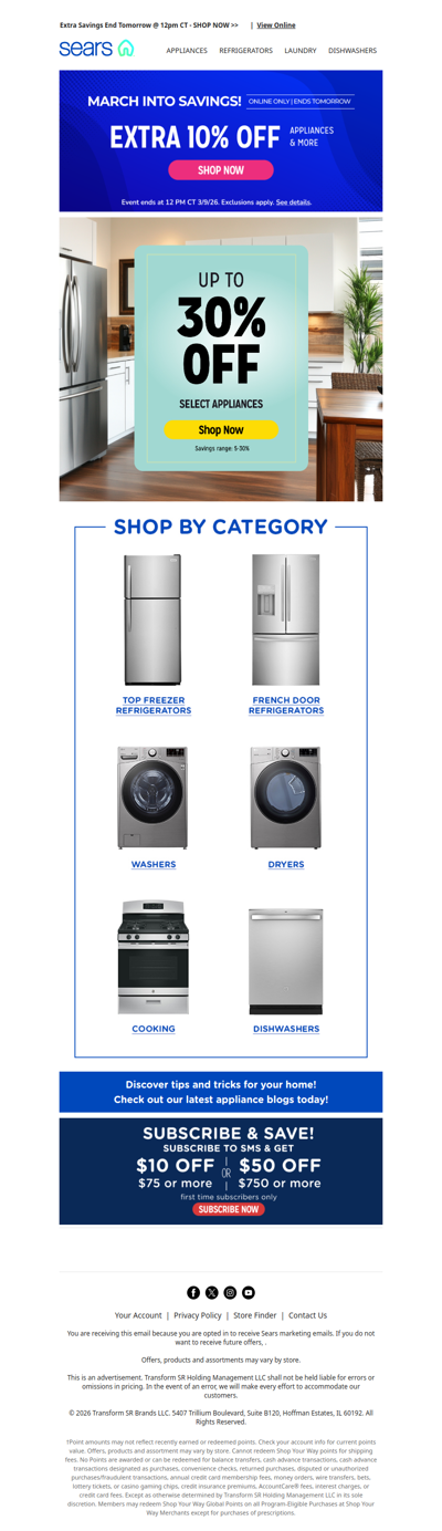 Act fast! Extra 10% off appliances & more ends tomorrow at noon CT, plus up to 30% off appliances!