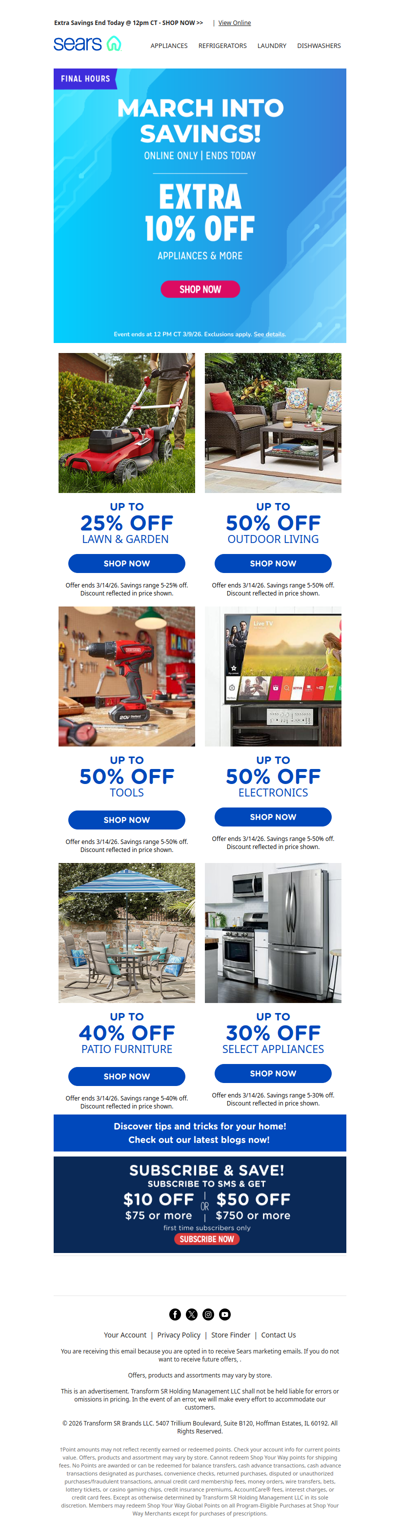 Last chance for an extra 10% off appliances & more, ends today at noon CT! Plus, up to 50% off electronics
