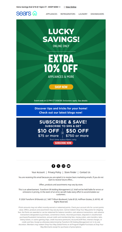 🍀 Feeling lucky? Grab an extra 10% off appliances & more! 🛒 Hurry, this won't last!