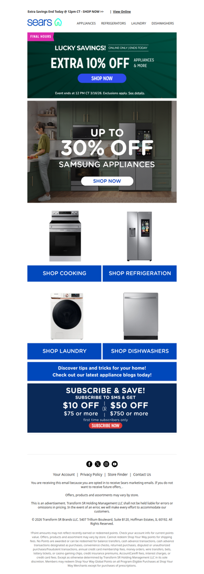 🍀 Extra 10% off Appliances ends at noon CT, plus up to 30% off Samsung appliances, act fast! 🏃💨