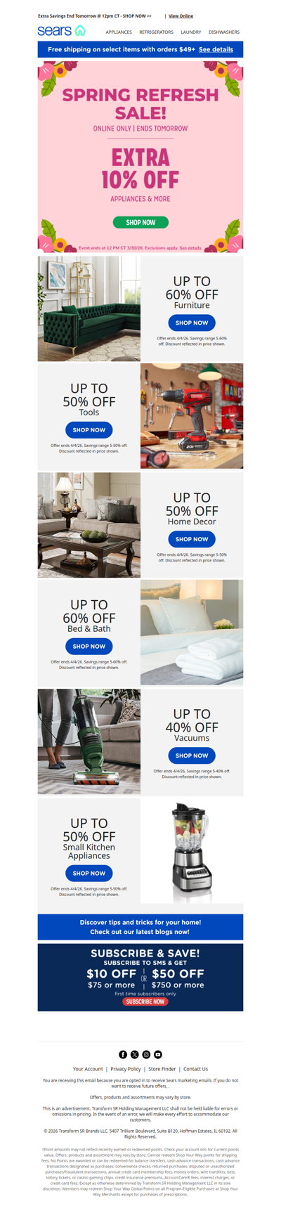Spring Refresh Sale ends soon! Act fast for extra 10% off appliances & more, plus up to 50% off tools!