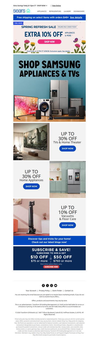 Time’s almost up to save an extra 10% on appliances & more, plus up to 30% off Samsung products