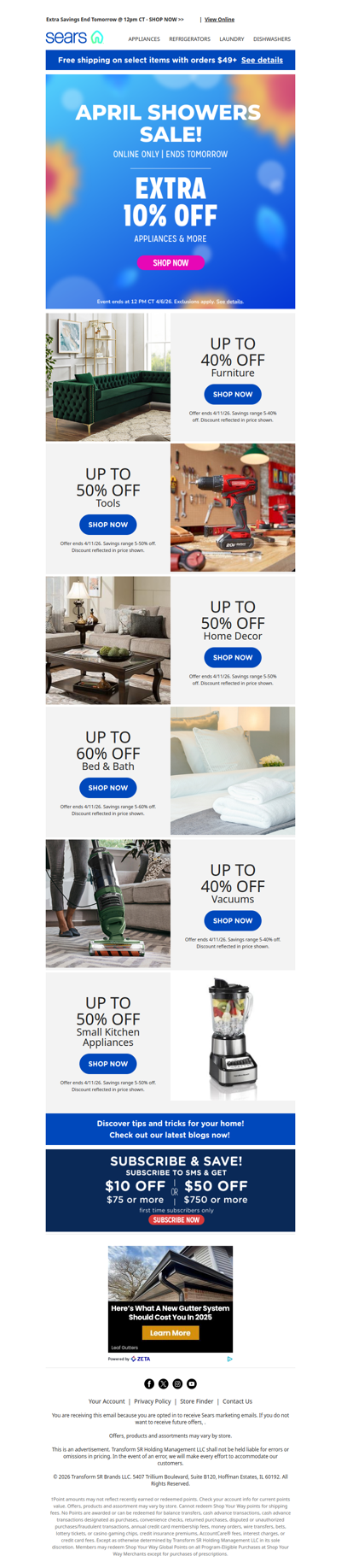 🌧️ Last chance! ⏰ Extra 10% off appliances & more ends tomorrow at noon CT! Plus, up to 40% off furniture