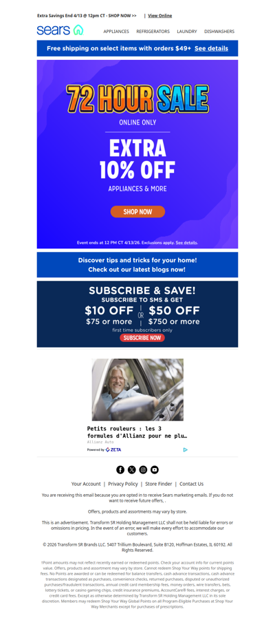 Tick-tock! 72-hours starts now to save an extra 10% off appliances & more!