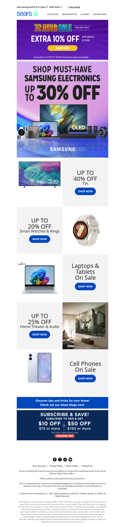 📱✨ Must-have Samsung electronics await you at up to 30% off! Plus, save an extra 10% on appliances & more