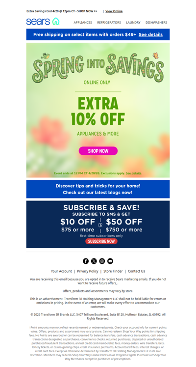 Spring into savings! 🌷💰 Extra 10% off appliances & more 🌼