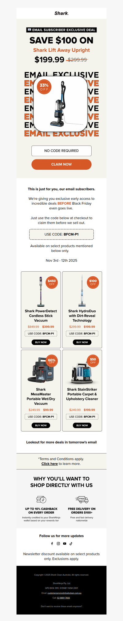 EMAIL EXCLUSIVE: Shark Lift Away Upright at 33% off