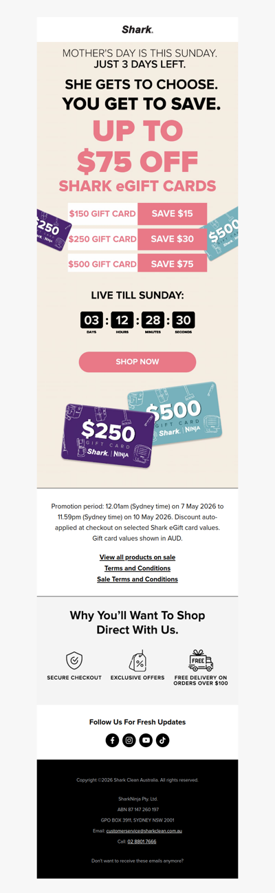 Up to $75 off Shark egift cards 🎁