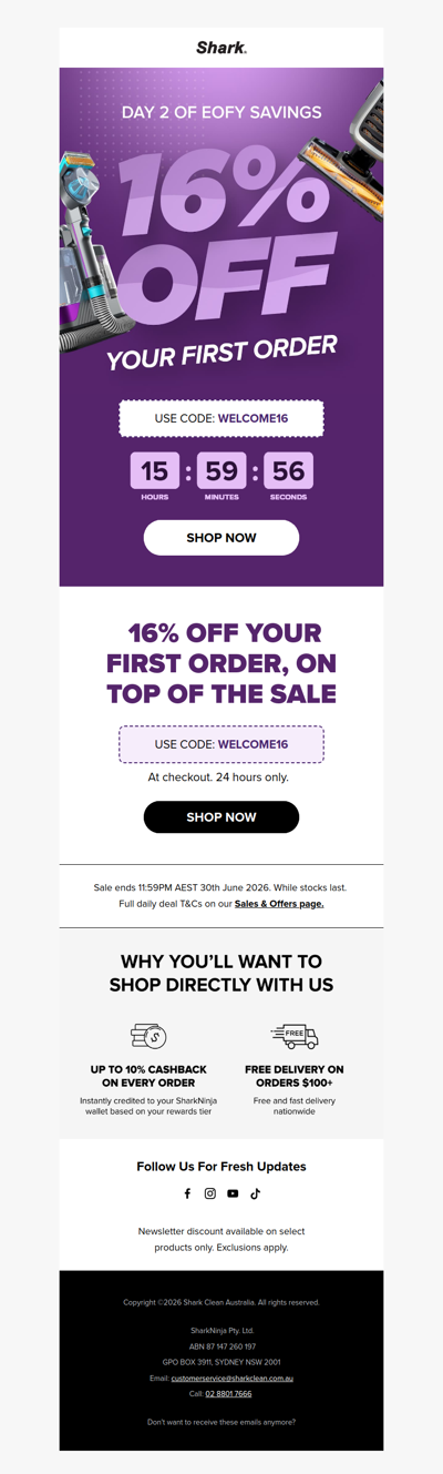 Enjoy 16% off ON TOP of EOFY 🦈
