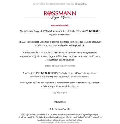 Tájékoztatás ÁSZF változásról