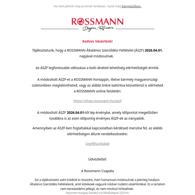 Tájékoztatás ÁSZF változásról