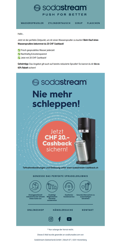 Ab heute 20 CHF Cashback sichern beim Kauf eines Sprudlers!