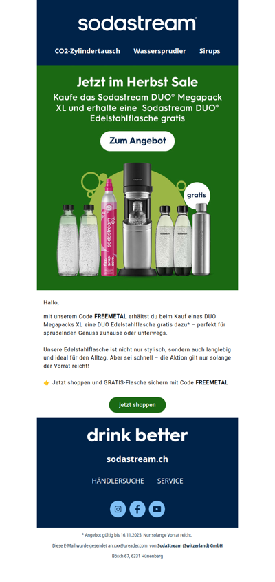 Gratis DUO Edelstahlflasche sichern 🥂 – mit dem Code FREEMETAL