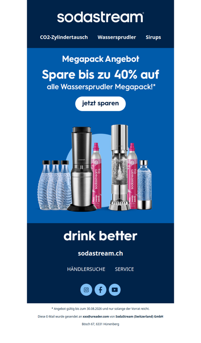 Spare bis zu 40% auf alle Wassersprudler Megapacks!