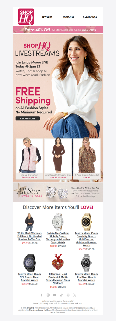 📺 Livestream Alert: White Mark Fashion + FREE Shipping!