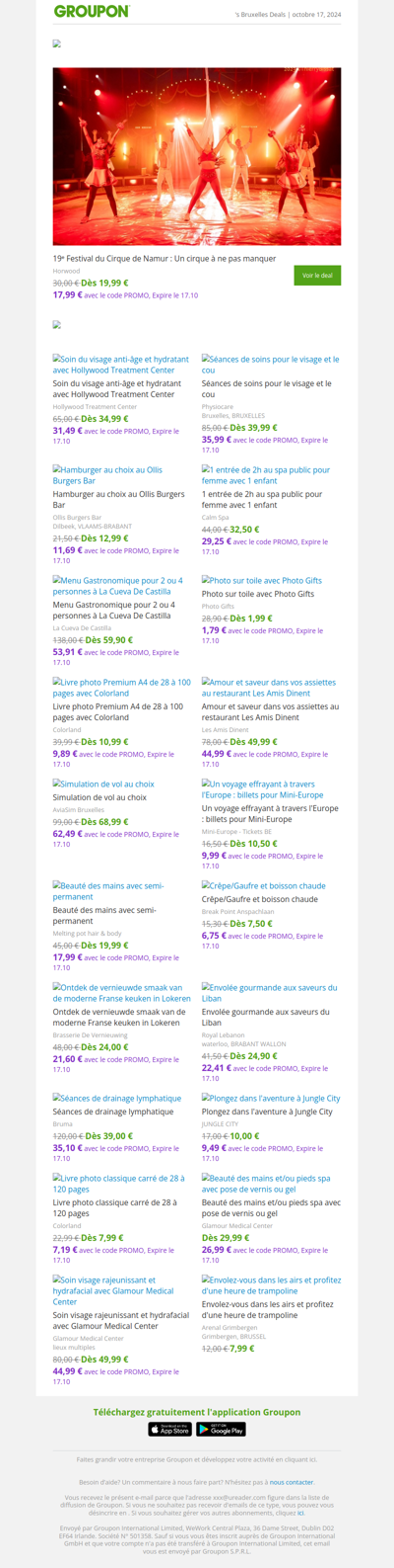 Jusqu'à -20% et plus | 19ᵉ Festival du Cirque de Namur : Un cirque à ne pas manquer / Soin du visage anti-âge et hydratant avec Hollywood Treatment Center