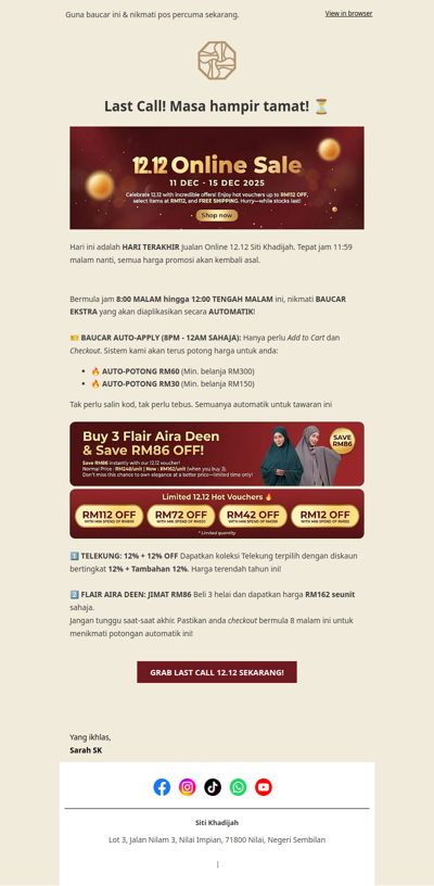 🚨 LAST CALL: Telekung 12%+12% OFF + Baucar Auto-Apply 8 Malam!