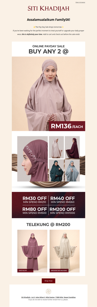 Celebrate Payday with our buy 2 telekung offer