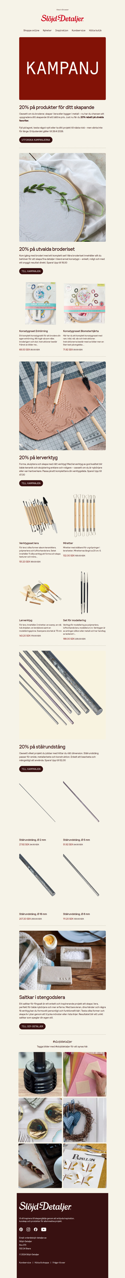 20% på broderiset, lerverktyg & stålrundstång – passa på!