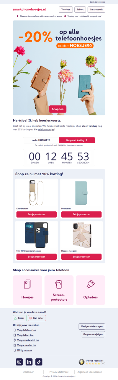 Alleen vandaag nog 20% korting op telefoonhoesjes!