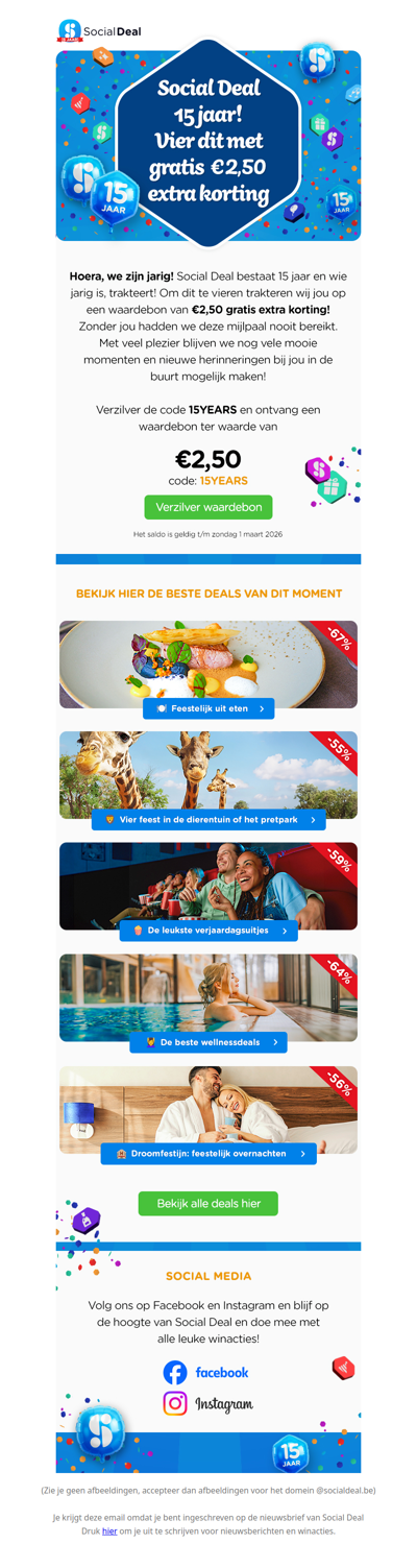 💙 Gratis €2,50 extra korting: Social Deal bestaat 15 jaar! 🥳