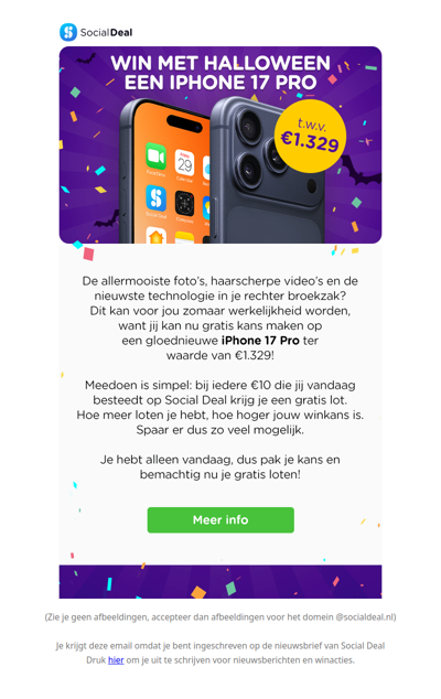 🎃 Alleen vandaag: gratis kans op een iPhone 17 Pro t.w.v. €1.329 📱