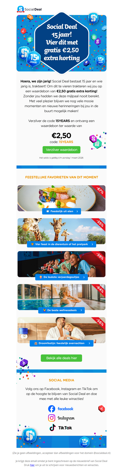 💙 Gratis €2,50 extra korting: Social Deal bestaat 15 jaar! 🥳