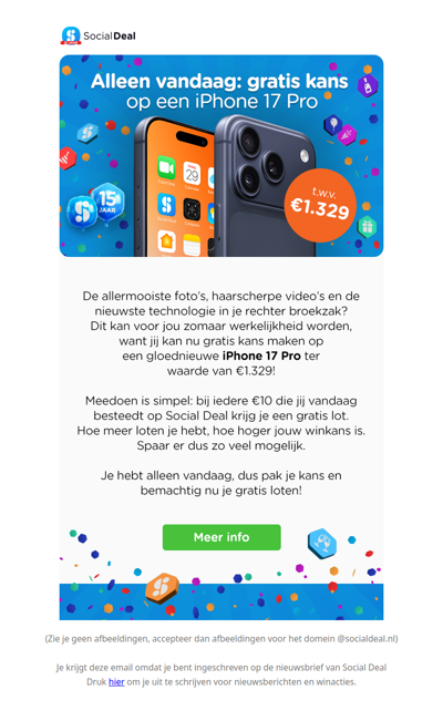 🎉 Alleen vandaag: gratis kans op een iPhone 17 Pro t.w.v. €1.329 📱
