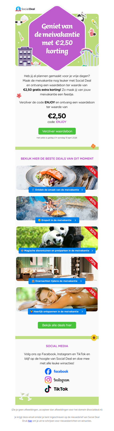 🤩 Gratis €2,50 extra korting: ga eropuit in de meivakantie! 💜
