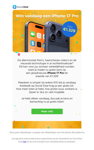😱 Alleen vandaag: gratis kans op een iphone 17 pro t.w.v. €1.329 💛