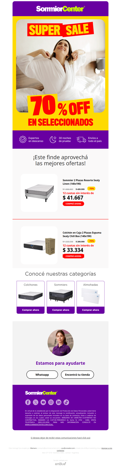 🚨 ¡70% OFF! 🛏️ ¡Aprovechá las recomendaciones del finde!