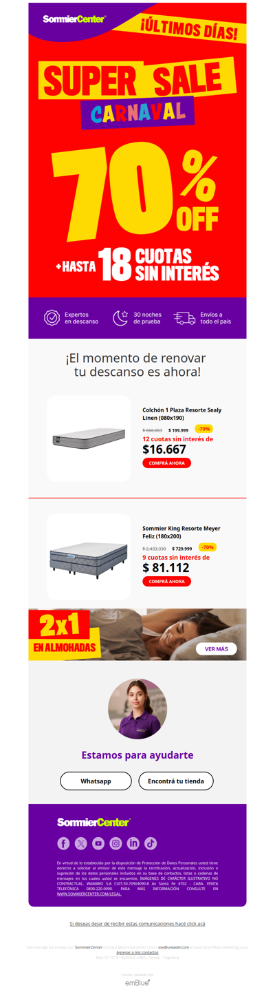 🎉 Carnaval de ofertas: Hasta 70% OFF y 2x1 en almohadas