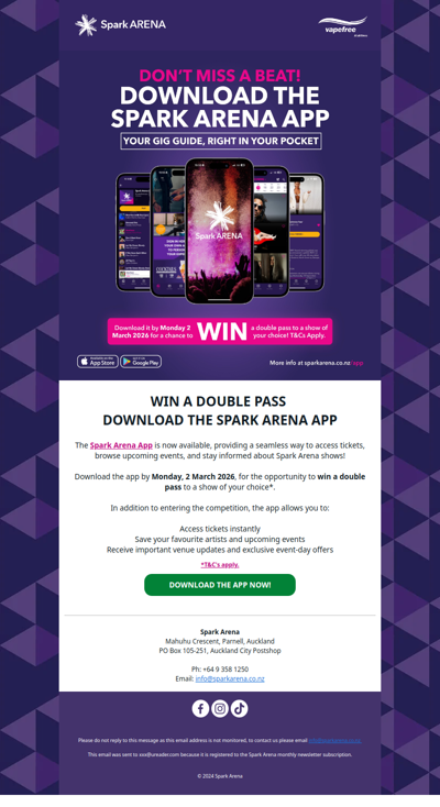 asd, win a double pass, download the Spark Arena App!📱