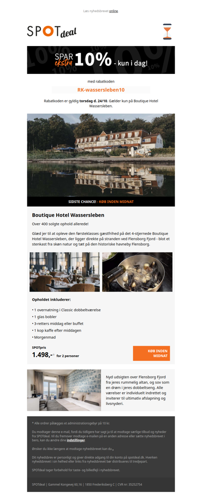 Udløber ved midnat ❣️ Ophold på 4-stjernede Boutique Hotel Wassersleben ved Flensborg Fjord