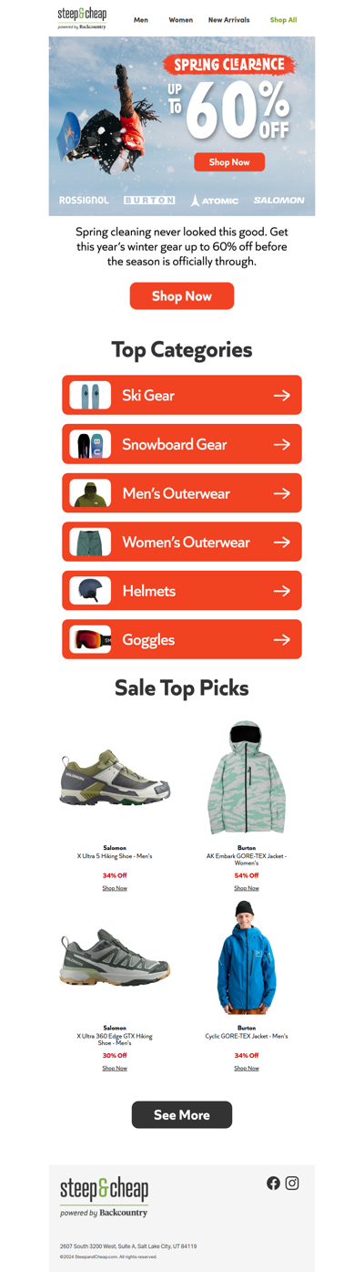 Spring Clearance! Up to 60% off snow gear & more ☃️