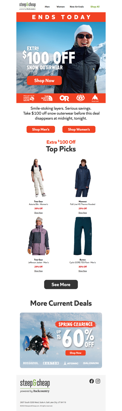 Extra $100 off outerwear ends tonight! 🚨