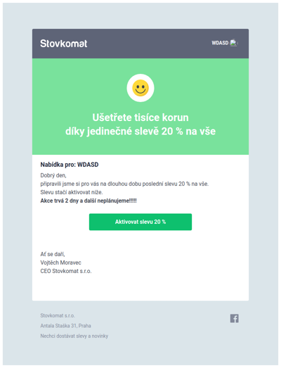 Zpráva pro WDASD: 20 % sleva na vše na Stovkomatu. Poslední sleva