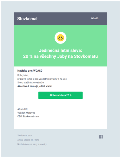 Soukromá zpráva pro WDASD: Právě teď máte slevu 20 % na všechno na Stovkomatu