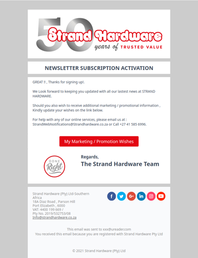 Strand Hardware - Online Tool & Hardware Shop . Subscription activation message.