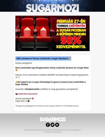 -50% mindenre! Torkos Csütörtök a Sugár Moziban!🤩